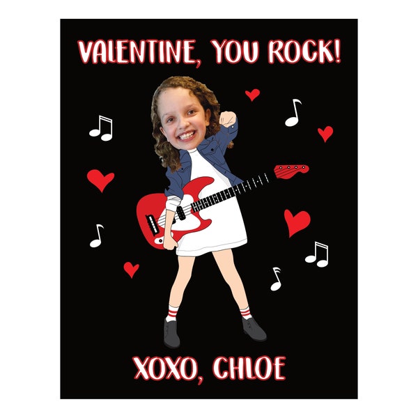 Guitar Rock Star Valentines, Guitar Photo Valentines, Personalized Valentine Cards, Custom Valentine Cards, Kid Valentines, Caricature