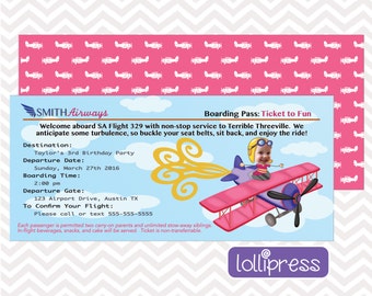 May include: A pink and blue boarding pass with the text "Boarding Pass: Ticket to Fun" and "Smith Airways". The pass includes a cartoon airplane with a child pilot and the text "Taylor's 3rd Birthday Party".