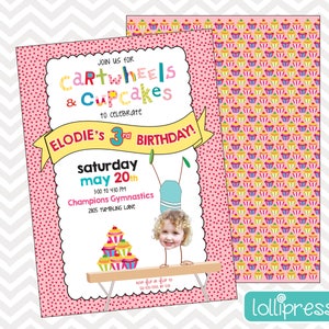 Gymnastics Birthday Party Invitations, Gymnatics Invitations, Cartwheels and Cupcakes Invitations, Photo Invitation, Gymnastics Party
