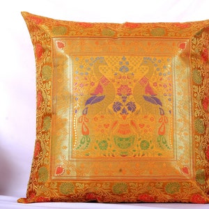 18&quot; x 18&quot; Golden Peacock Square pillow Cushion cover,Bohemian Pillow,Silk Brocade Pillow Sham,Handmade Indian Sofa Couch Throw 45x45 Cm