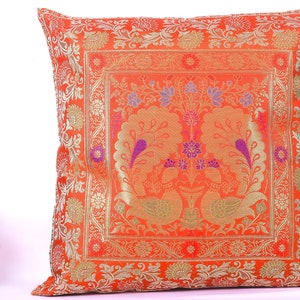 18&quot; x 18&quot; Orange Peacock Square pillow Cushion cover,Bohemian Pillow,Silk Brocade Pillow Sham,Handmade Indian Sofa Couch Throw 45x45 Cm