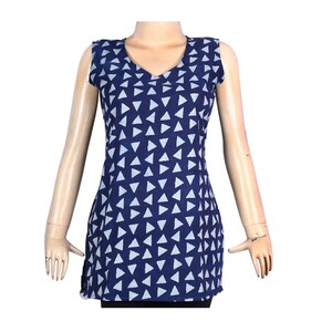 Women&#39;s Pure Cotton Sleeveless Short Kurti Tunic Top Ethnic Hand Block Summer Dress Blue