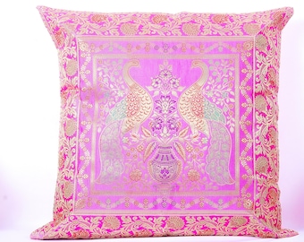 Pink Peacock Pillow Cover, Silk Brocade, Bohemian Sofa Throw (18x18 in)