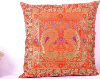 18" x 18" Orange Peacock Square pillow Cushion cover,Bohemian Pillow,Silk Brocade Pillow Sham,Handmade Indian Sofa Couch Throw 45x45 Cm
