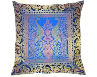 Handmade Peacock Pillow Cover, Blue & Gold Silk Brocade, 16" Square