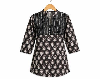 Black Cotton Handblock Print Kurti | Boho Indian Tunic Top Summer Blouse