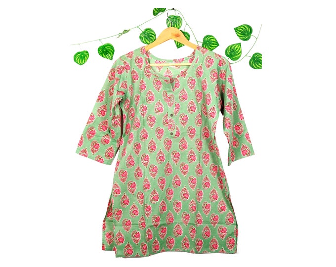 Women’s Cotton Printed Short Kurti – Maroon Floral Ethnic Tunic Top, Casual Summer Wear for Women