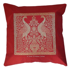16 "x 16" rojo oscuro étnico indio pavo real brocado Dupioni seda arte funda de cojín decorativo hogar almohada sofá funda de almohada, regalos de Navidad