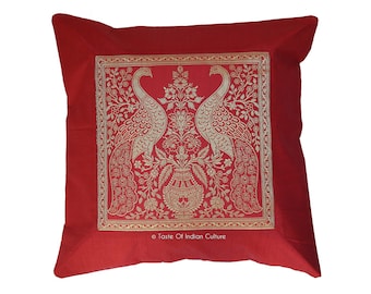16" x 16" Dark Red Ethnic Indian Peacock Brocade Dupioni Silk Art Cushion Cover Decorative Home Pillow Toss Sofa PIllow Case,Christmas Gifts