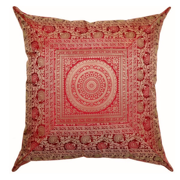 Rouge 26 « x 26 » Carré Mandala Soie Brocart Grand Oreiller Housse Coussin Housse Oreiller Sham Cover Indien Fait Main Lancer Housse d’Oreiller Décoratif