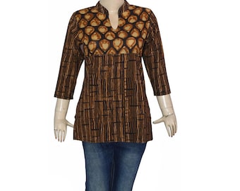 Brown Cotton Handblock Print Kurti | Boho Indian Tunic Top Summer Blouse