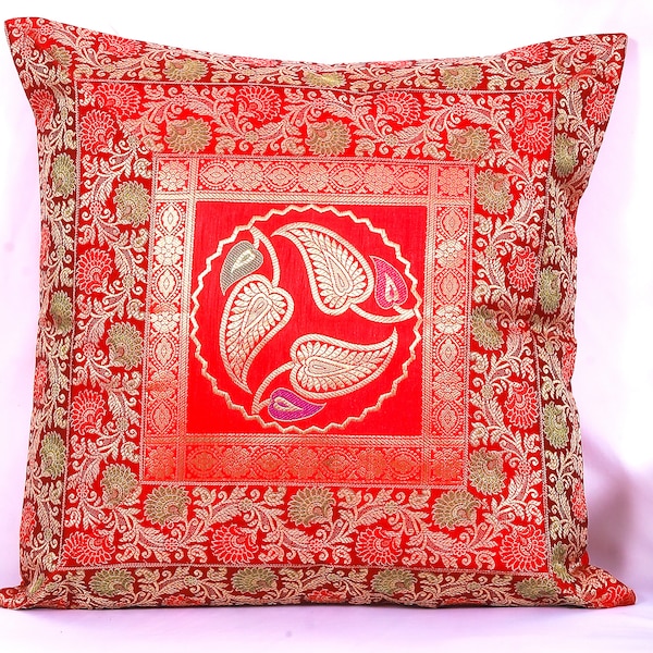 50x50 cm rotes Mandala Quadrat Kissen Kissenbezug, Boho Kissen, Seide Brokat Kissen Sham, handgemachte indische Sofa Couch Überwurf 50x50 Cm