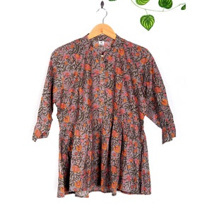 Handmade Tunic,Flared Tunic Top,Short Cotton Kurti for Women Mandarin Collar Top,Ethnic Gray Tunic Top, Floral Girls Tops and Tees Size &#39;XL&#39;