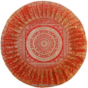 Housse d’oreiller ronde en soie de brocart de 16 po avec mandala design rouge