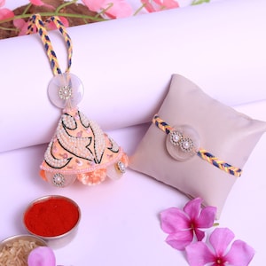 Embroidered & Pearl Beaded Bhai Bhabhi Lumba Rakhi Set/Handmade Rakhi Pair Raksha Bandhan Gift for Couple/Rakhi for Women Roli Chawal/Card