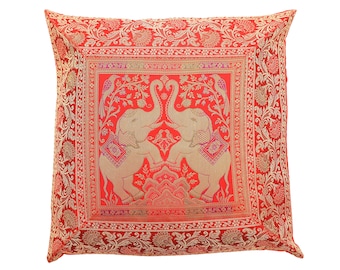 16" Square Ethnic Decorative Handmade Elephant Print Cushion Cover True Red with Gold Silk Brocade Art Pillow Cover Sofa Throw Pillow Case