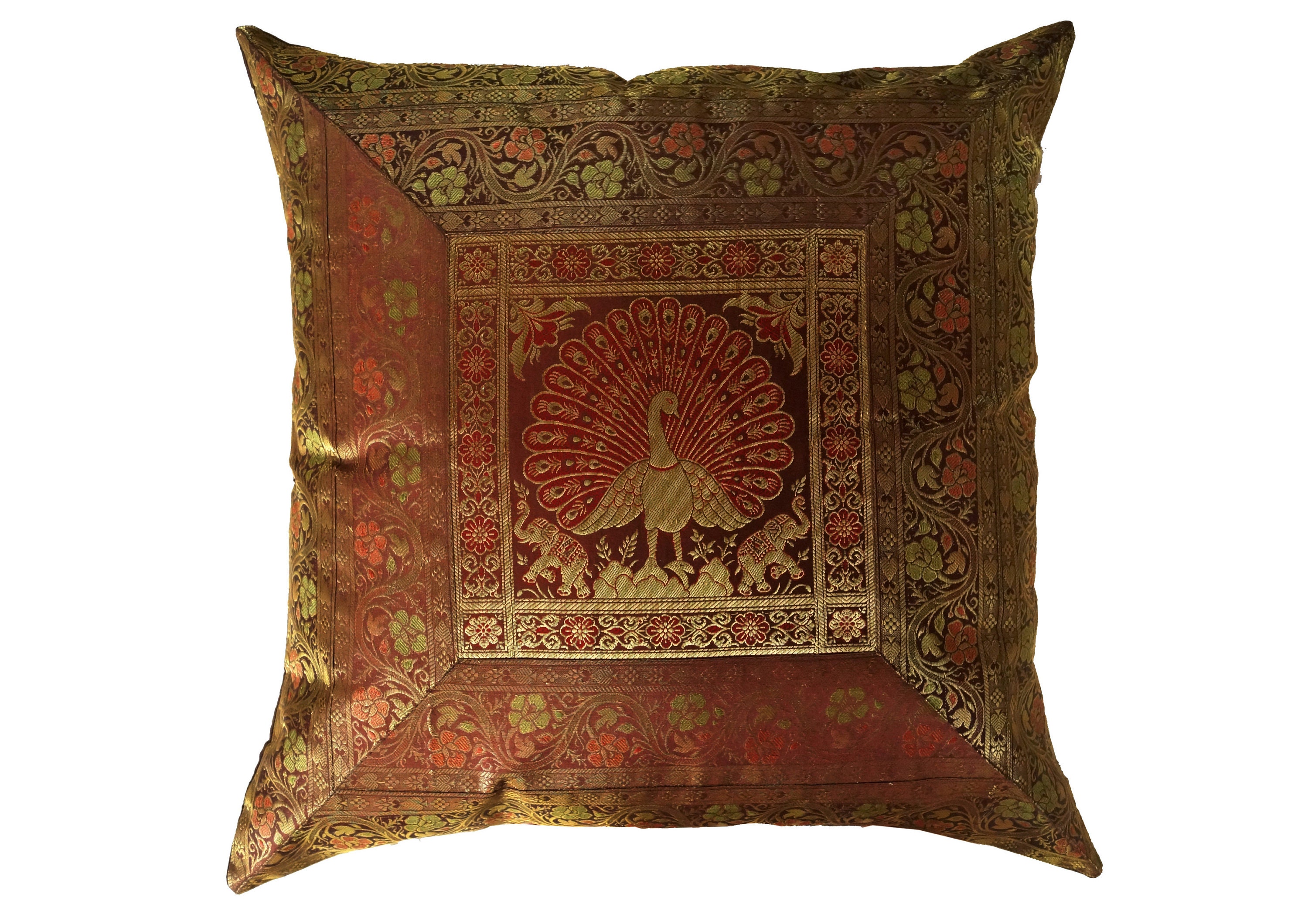Seal Brown 26" x 26" Elephant Silk Brocade Large Pillow Cover Cushion Cover Pillow Sham Cover Indian Handmade Throw Decorative Pillow Case