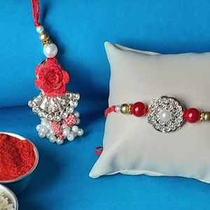 Paire de Bhaiya-Bhabhi Rakhi ethniques fabriqués à la main pour beau-frère et belle-soeur Rakhi Lumba Set avec Roli Chawal et carte