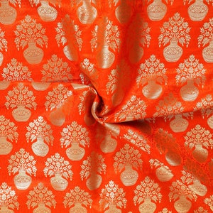 Indian Banarasi Brocade Silk Fabric Satin Silk Handwoven Fabric Craft Sewing Dress Making Fabric By The Yard Orange & Gold Wedding Fabric