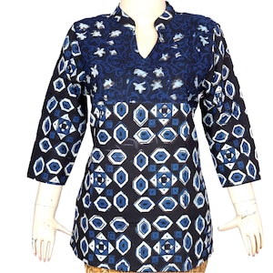 Cotton Women&#39;s Casual Tunic Top Ethnic Hand Block Indigo Short Kurti Summer Boho Top Dress Blue