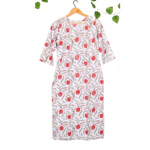 Women&#39;s Casual Pure Cotton Long Kurti Tunic Top Hand Block Ethnic Long Kurta Dress Floral Casual Cotton Comfortable Summer Dress White