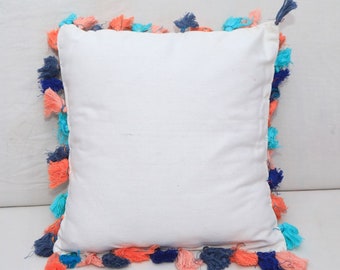 16 X 16 Ethnic Pure Rugged Textured Pure Hand loom Cotton Plain Hand Stitched Cushion/Pillow Cover With Tassels White