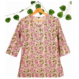 Women&#39;s Casual Pure Cotton Tunic Top Hand Block Print Ethnic Short Kurti/Kurta Dress Floral Short Kurti 3/4 Sleeve Baby Pink