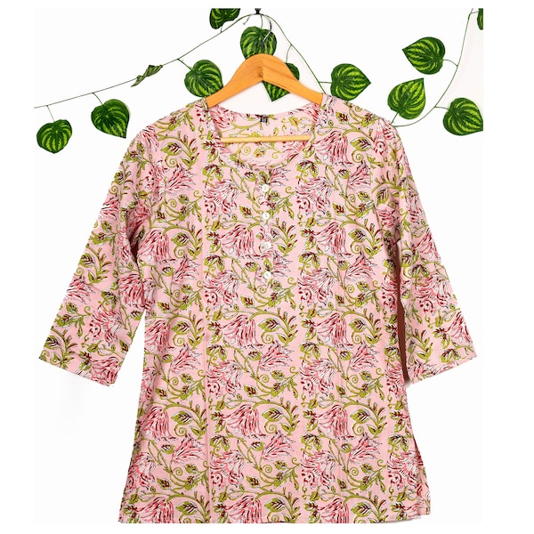Women's Casual Pure Cotton Tunic Top Hand Block Print Ethnic Short Kurti/Kurta Dress Floral Short Kurti 3/4 Sleeve Baby Pink