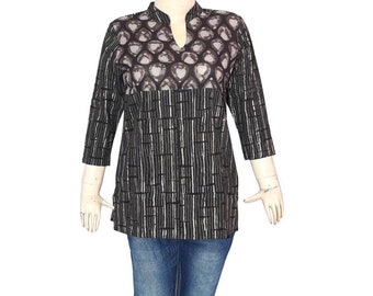 Brown Cotton Handblock Print Kurti | Boho Indian Tunic Top Summer Blouse