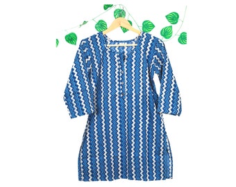 Blue Cotton Strip Print Kurti | Boho Indian Tunic Top Summer Blouse |Handmade Short kurta