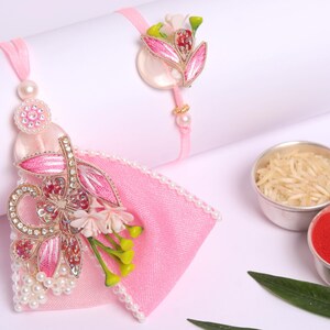 Paire de créateurs rakhi-lumba pour bhai-bhabhi rakhi-lumba ensemble pour beau-frère et belle-soeur Raksha bandhan cadeau pour couple avec roli chawal/carte
