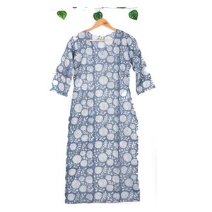 Women&#39;s Casual Pure Cotton Tunic Top Hand Block Floral Ethnic Long Kurti/Kurta Dress Long Kurti 3/4 Sleeve Kurti Grey