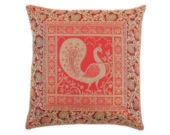 16" Square Handmade Cushion Cover Rusty Red Silk Brocade Pillow Cover Sofa Couch Throw Pillow Case Decorative Peacock Pillow Case 40X40 Cm