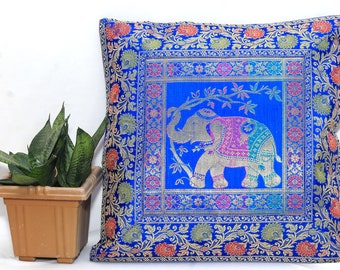 Ethnic Silk Cushion Cover Medium Blue Pillow Cover Brocade Elephant Pillow Cases Indian Throw Pillow Sofa Couch Home Decor Gift 17&quot; x 17&quot;