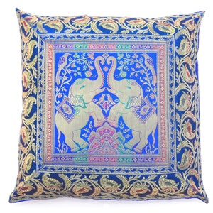 40 cm quadratische handgemachte Elefanten Druck Dekorative Kissenbezug Royal Blue Silk Art Brokat Kissenbezug Sofa Couch Dekokissen/Kissenhülle