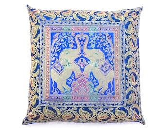 16" Square Handmade Elephant Cushion Cover Royal Blue Silk Brocade Pillow Sofa Couch Throw