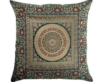 16&quot; X 16&quot; Indian Traditional Mandala Cushion/Pillow Cover Silk Brocade Sofa Throw Forest Green
