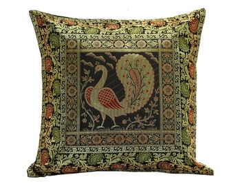 Black Peacock Silk Brocade Cushion Cover, Indian Pillow (16 inch)