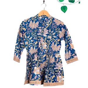 Handmade Flared Tunic Top Short Cotton Kurti for Women Mandarin Collar Top Ethnic Yale Blue Tunic Top, Floral Tops and Tees for Girls XL