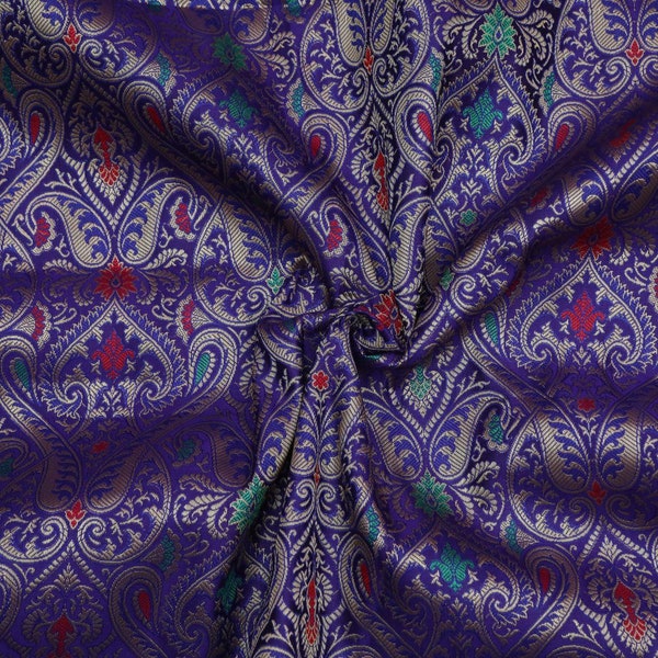 Indian Banarasi Brocade Silk Fabric Jacquard Silk Handwoven Fabric Dark Purple Tanchoi Craft Sewing Dress Making Fabric By The Yard