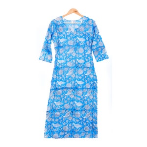 Women&#39;s Casual Pure Cotton Tunic Top Hand Block Floral Ethnic Long Kurti/Kurta Dress Long Kurti 3/4 Sleeve Kurti Azure Blue &#39;L&#39; Size