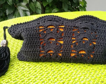 Crochet black make up bag is decorated with tassel, Cosmetic purse is nice gift for mom's and  wives