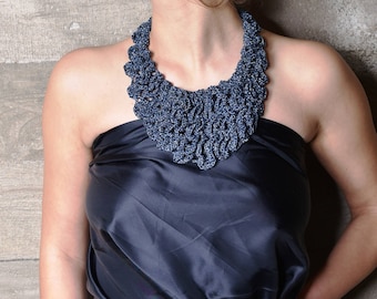 Blue statement necklace, Crochet necklace, Bib necklace, Charm necklace, Shoulder jewelry, Something blue, Free form crochet, Lace jabot