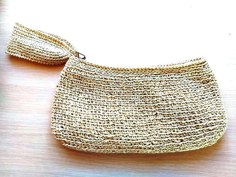 Clutch With Wide Handle Crochet From Raffia Straw Fan Clutch Etsy