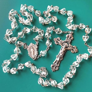 Vintage Sterling Silver & Crystal Beads Rosary Religious Christianity Necklace~925 Cross~Ornate Crucifix Glass~Prayer Beads Religious Gift