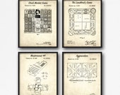 Board Game Patent Print Set of 4 - Retro Board Game Patent Posters - Vintage Game Night Wall Art - Game Room Decor - Kids Room Decor