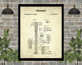 1924 Hammer Patent Print - 1920's Tool Patent Drawing - Construction Wall Decor - Construction Worker Gift Idea - Antique Tool Blueprint