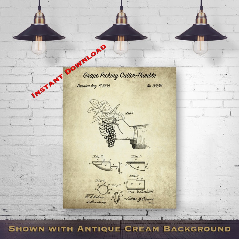 Digital Download Botanist Art Printable Download Last Minute Gift 1909 Grape Picking Cutter-Thimble 8x10 Printable Patent Print