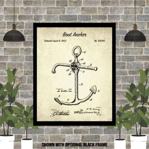 1902 Boat Anchor Patent Print 1900's Patent Drawing Marina Decor