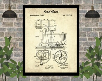 1937 Food Mixer Patent Art Print - Vintage Kitchen Wall Hanging - Kitchen Wall Decor - Bakery Wall Art - Baker Gift Idea - Chef Gift